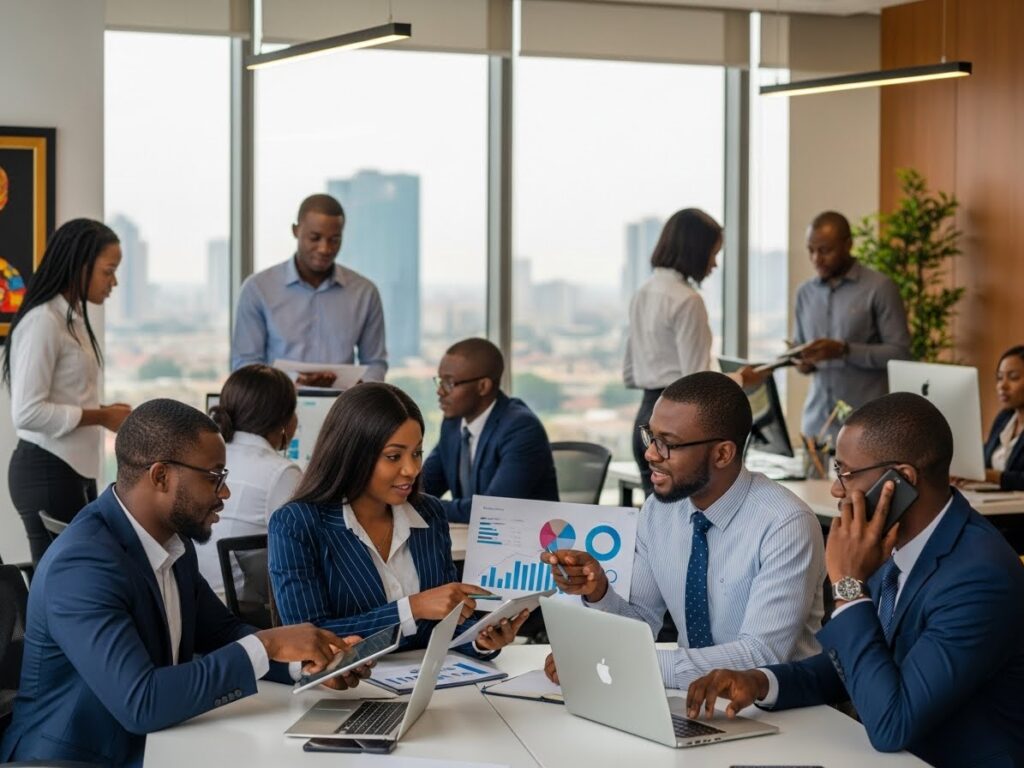MBA graduates in Nigeria collaborating in an office environment showing online MBA career opportunities in Nigeria across industries