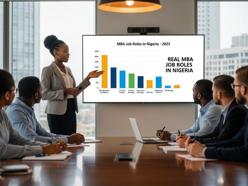 Business presentation displaying MBA job roles in Nigeria linked to online MBA career opportunities in Nigeria