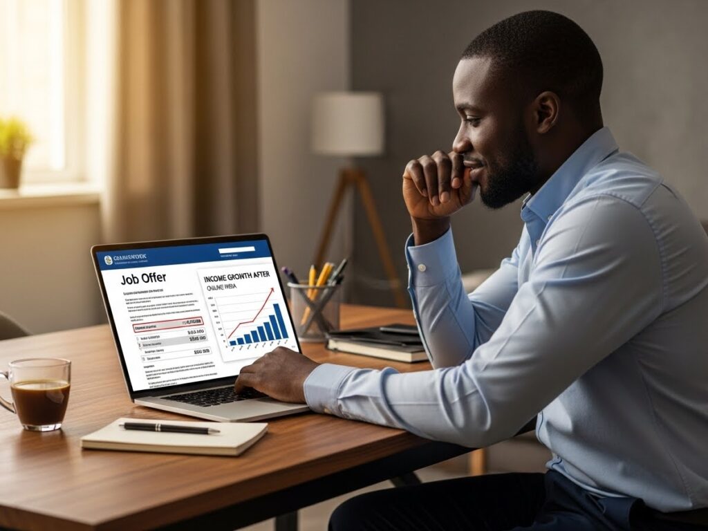 Working professional reviewing job offer and salary growth after MBA reflecting online MBA career opportunities in Nigeria