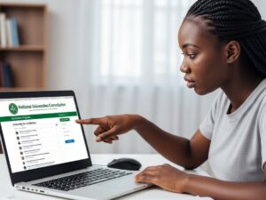 Student verifying university accreditation on the National Universities Commission website using a laptop in Nigeria