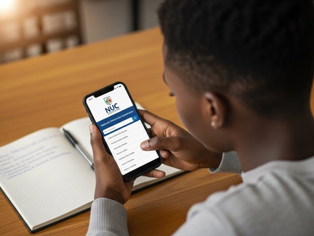 Student searching NUC approved universities list on mobile phone to confirm university accreditation in Nigeria