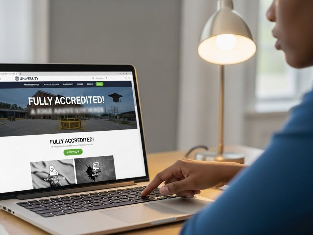 Prospective student reviewing a university website claiming full accreditation before verifying approval status in Nigeria