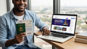 Nigerian student holding passport while planning study abroad on a budget for Nigerian students using a laptop at home