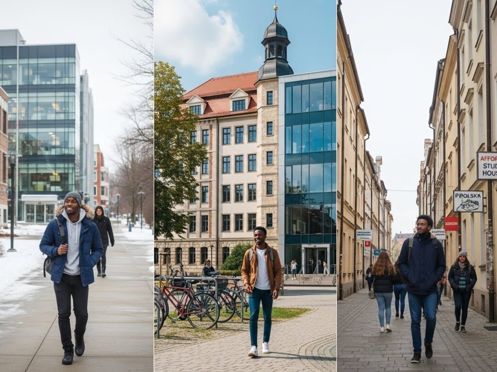 African international students walking near European university campus after choosing study abroad on a budget for Nigerian students