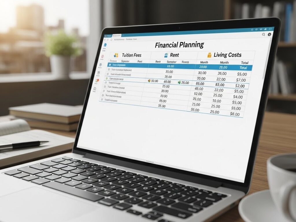 Laptop screen showing tuition and living cost planning for study abroad on a budget for Nigerian students