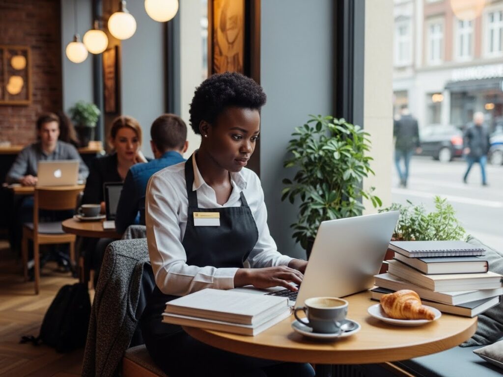 African student working on laptop in a cafe while preparing documents for study abroad on a budget for Nigerian students