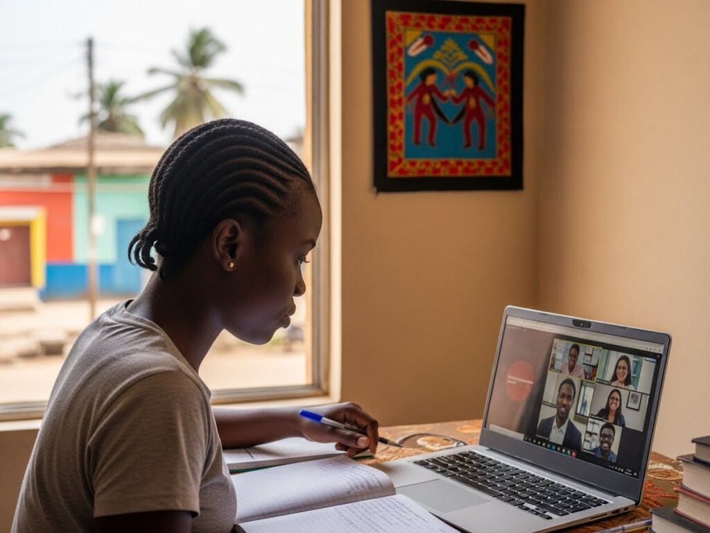 Nigerian student attending online class at home while researching study abroad on a budget for Nigerian students
