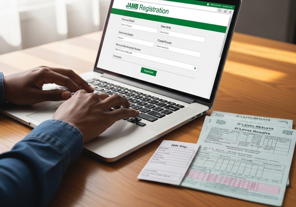 Student completing JAMB 2026 registration online with NIN slip and O’Level results ready for verification