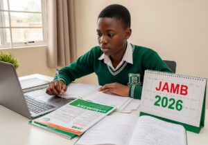 Student preparing early for JAMB 2026 exam date with study materials and calendar reminder for registration timeline
