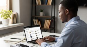 Online degree jobs in Nigeria as a professional searches job listings on a laptop from a home office