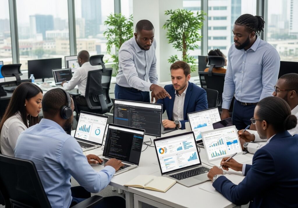 Online degree jobs in Nigeria with professionals collaborating in a modern corporate office setting