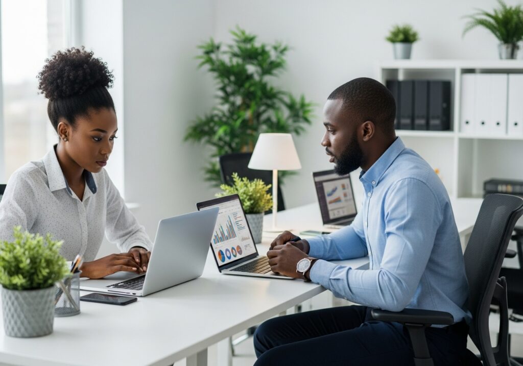 Online degree jobs team discussion showing business analysis and role-based collaboration