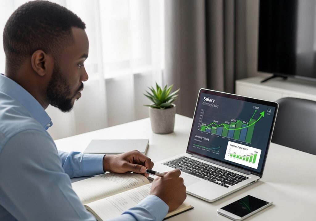 Online degree jobs salary analysis in Nigeria displayed on a laptop with career growth data