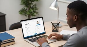 Student creating a LinkedIn profile for freshers on laptop to attract recruiter searches