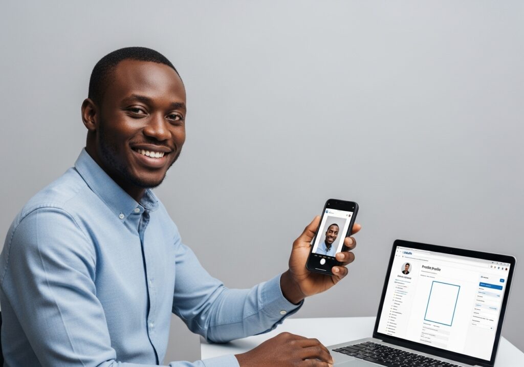 Graduate reviewing LinkedIn profile tips for freshers while checking recruiter search results