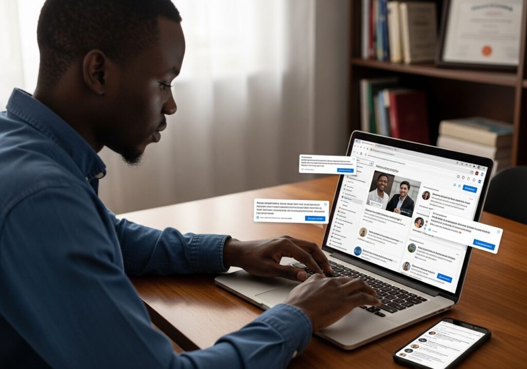 Fresher building skills and connections on LinkedIn profile after graduation at home desk