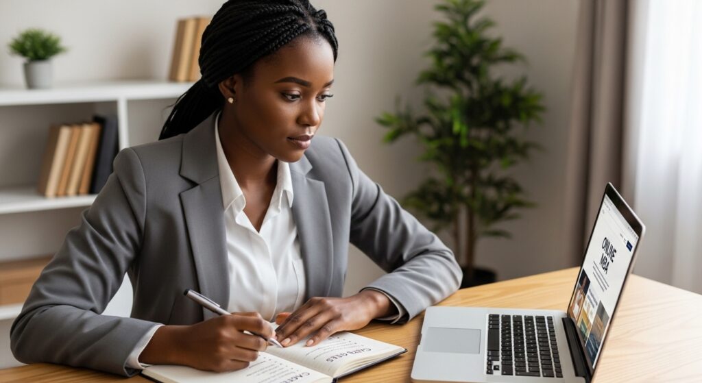 Nigerian business professional studying at home office with laptop and notebook while researching if an online MBA worth it decision can support career growth in Nigeria.