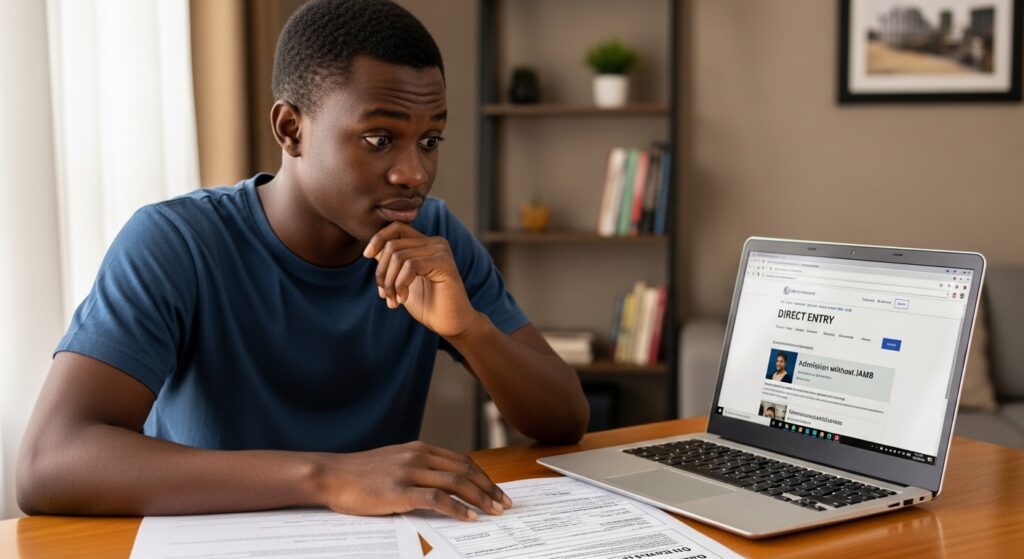 Student researching admission without JAMB in Nigeria on a laptop, reviewing direct entry options and alternative university admission routes.