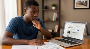 Student researching admission without JAMB in Nigeria on a laptop, reviewing direct entry options and alternative university admission routes.