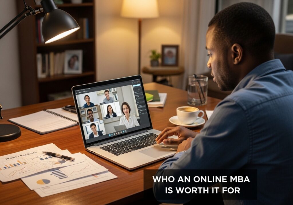 Working professional in Nigeria attending virtual MBA class on laptop during evening study session, representing who an online MBA worth it option benefits among managers and career switchers.