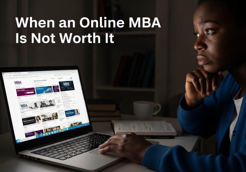 Young Nigerian graduate looking concerned while browsing MBA programs on laptop at night, illustrating situations when an online MBA worth it choice may not make sense without work experience or clear goals.