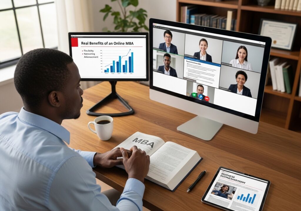 Nigerian executive attending online MBA session with business presentation slides and team video call on desktop screen, highlighting online MBA benefits and explaining why an online MBA worth it for leadership development.