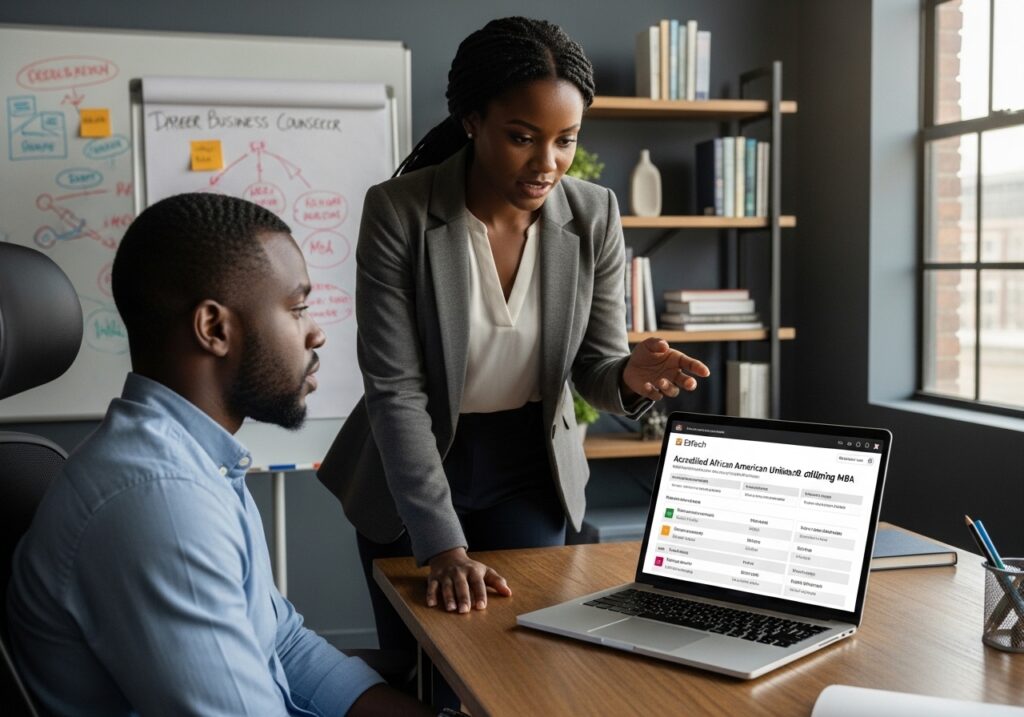 Education consultant advising Nigerian MBA aspirant in office while reviewing accredited online MBA programs on laptop, helping evaluate whether an online MBA worth it based on career goals and university recognition.