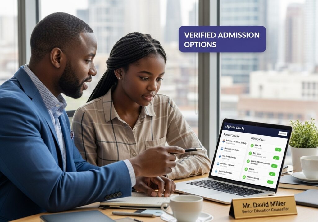 Education counsellor guiding a student through verified admission without JAMB in Nigeria, checking eligibility and approved university options.