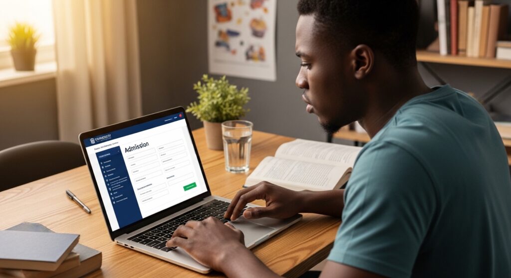 Student completing the online university admission process in Nigeria on a laptop, filling digital application form as part of university online application steps