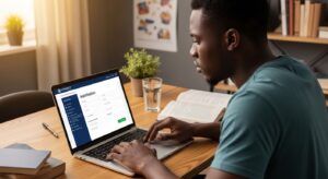 Student completing the online university admission process in Nigeria on a laptop, filling digital application form as part of university online application steps