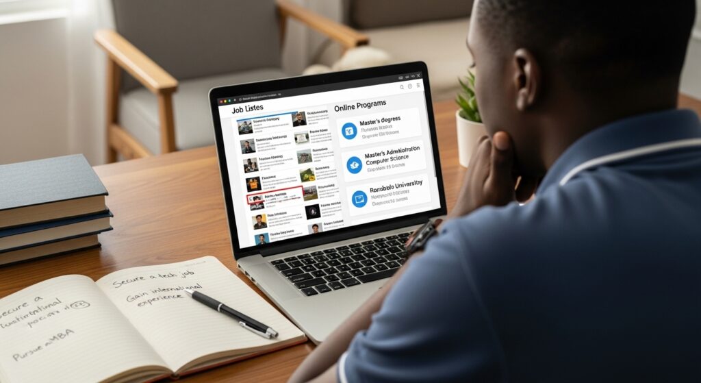 Student researching programs on laptop while comparing options for the best online degree for jobs and exploring online degree for jobs in Nigeria linked to real employment opportunities
