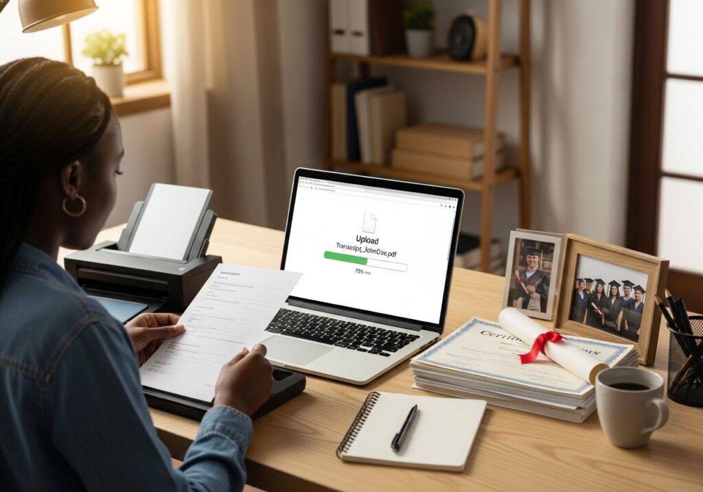 Student uploading academic documents during online university admission process, meeting online admission requirements for Nigerian universities