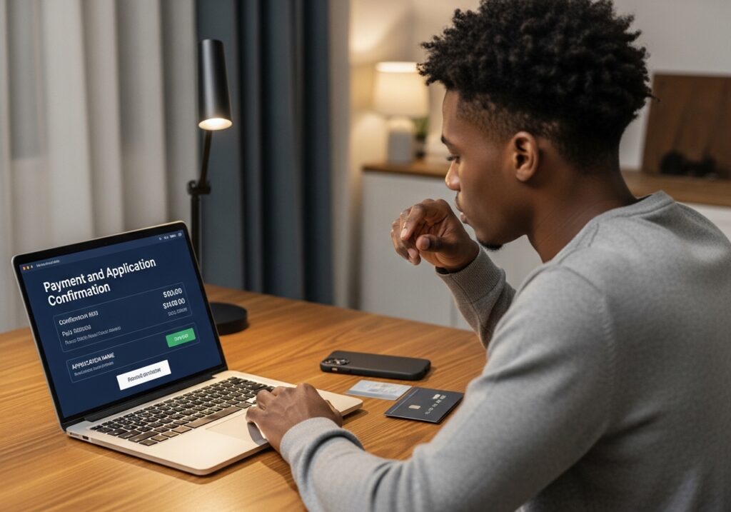 Applicant making payment for online university admission process in Nigeria through secure portal as part of university online application steps