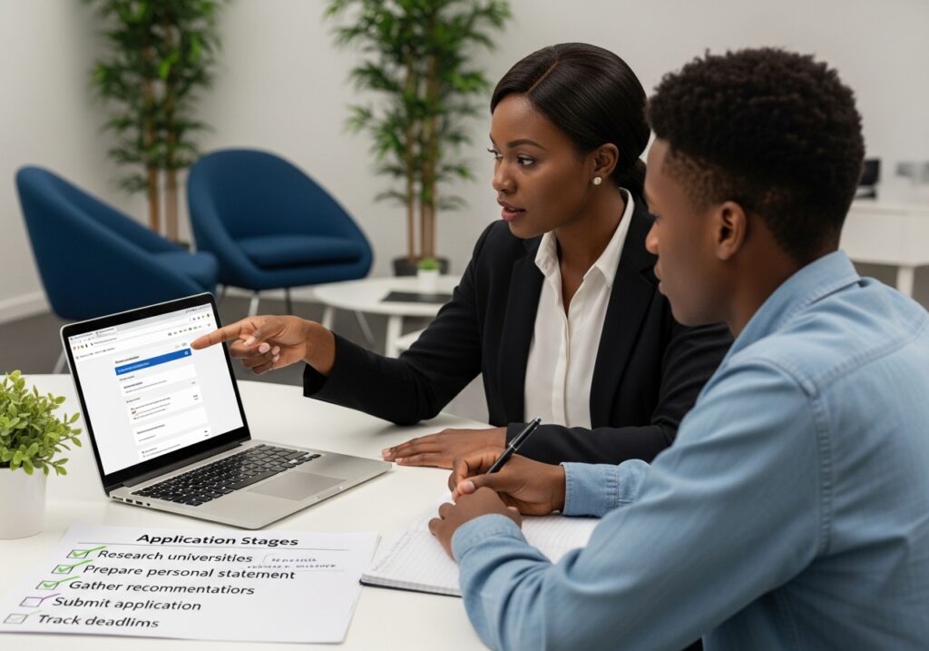 Education consultant guiding student through online university admission process in Nigeria, explaining online admission requirements and university online application steps