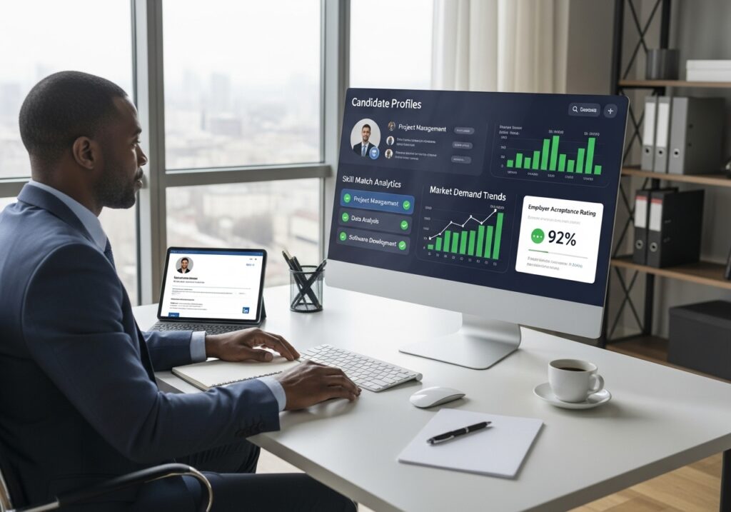 Professional reviewing skill match analytics and employer demand data to choose the best online degree for jobs based on market demand and online degree career options in Nigeria