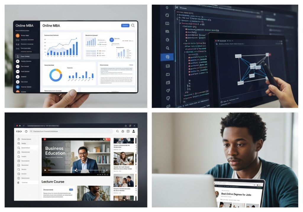 Tablet screen displaying Online MBA dashboard and tech learning interface representing the best online degree for jobs and best online courses for employment in business and IT fields
