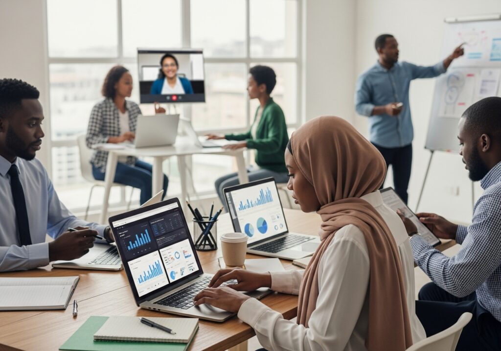 Students attending business education lecture and reviewing analytics tools as part of the best online degree for jobs program focused on online degree for jobs in Nigeria and career growth