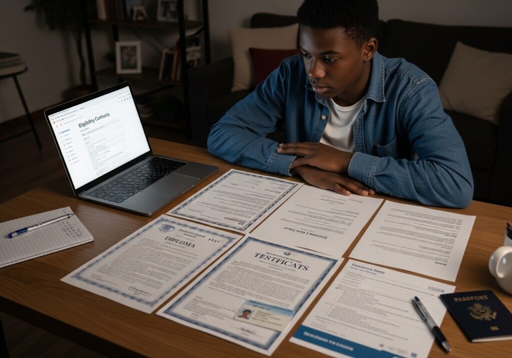 Student reading eligibility criteria on a scholarship portal, academic certificates and ID documents arranged on the table, emphasis on verification and requirements