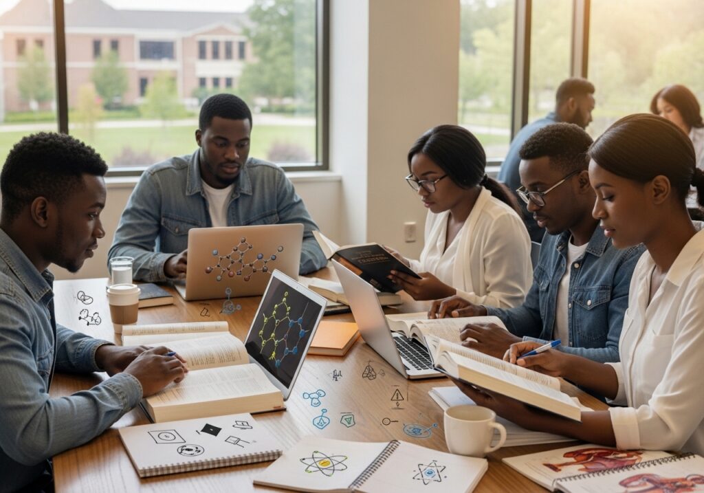 Visual showing Nigerian students from science, education, and health-related fields studying with laptops and textbooks, academic diversity clearly represented
