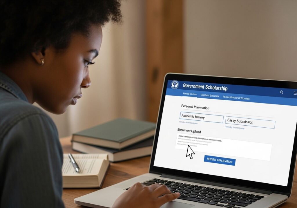 Laptop screen displaying a government scholarship application portal, document upload and form sections visible, student carefully reviewing steps before submission