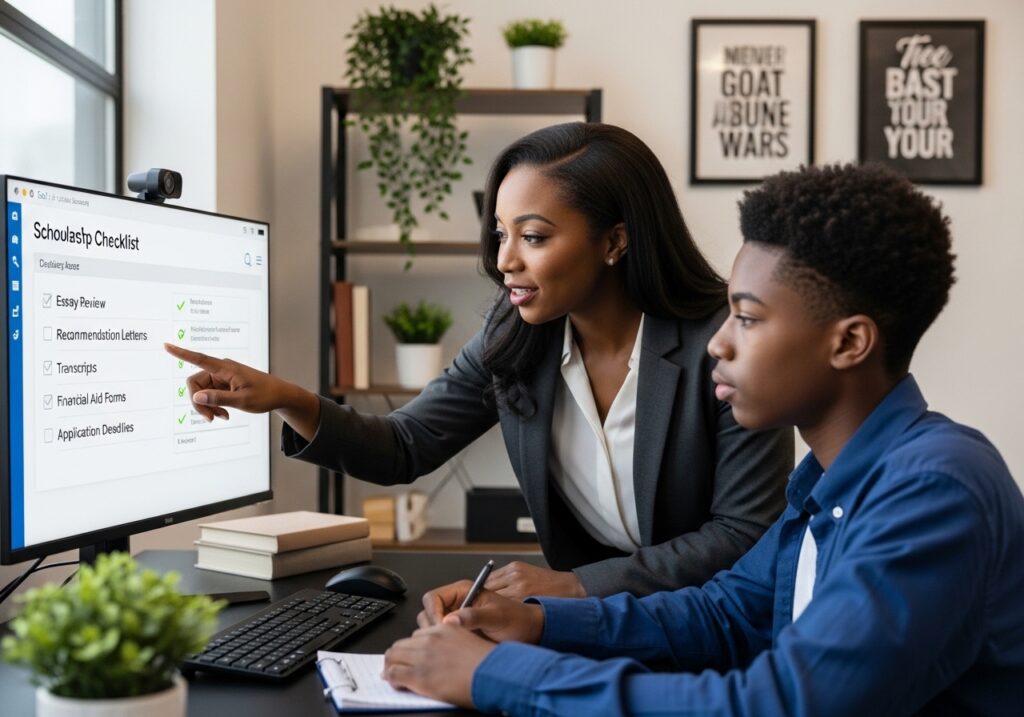EduTech Business advisor guiding a student on scholarship preparation and document checks, checklist visible on screen, realistic advisory environment focused on accuracy and trust