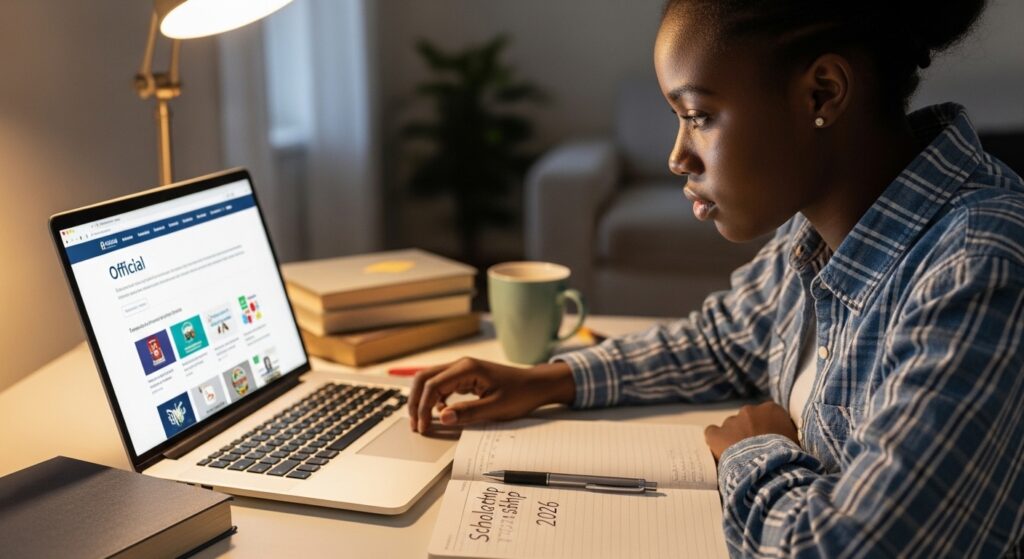 Nigerian student reviewing scholarship information on a laptop, official-looking education website visible, notebook labeled “Scholarship 2026” on desk, hopeful but careful research-focused environment