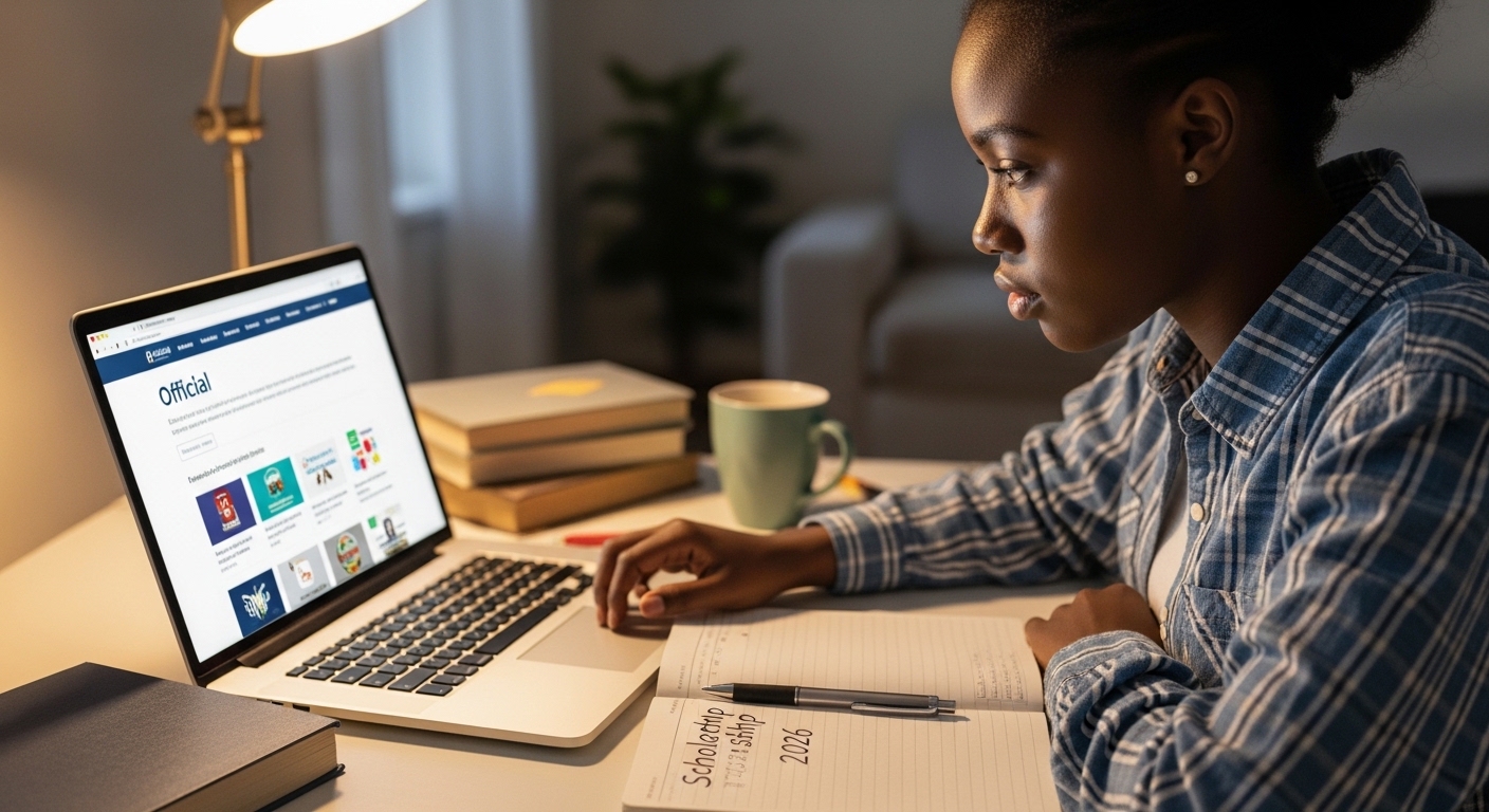 Nigerian student reviewing scholarship information on a laptop, official-looking education website visible, notebook labeled “Scholarship 2026” on desk, hopeful but careful research-focused environment