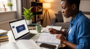 Nigerian university student studying at home with a laptop open to an online exam platform, notebook with revision notes beside the laptop, focused and slightly serious expression, realistic home study environment showing preparation for online university exams