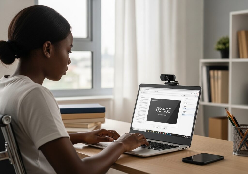 Nigerian student sitting for a timed online exam on a laptop, webcam visible for proctoring, quiet room setup, comparison feel showing structured online university assessment environment