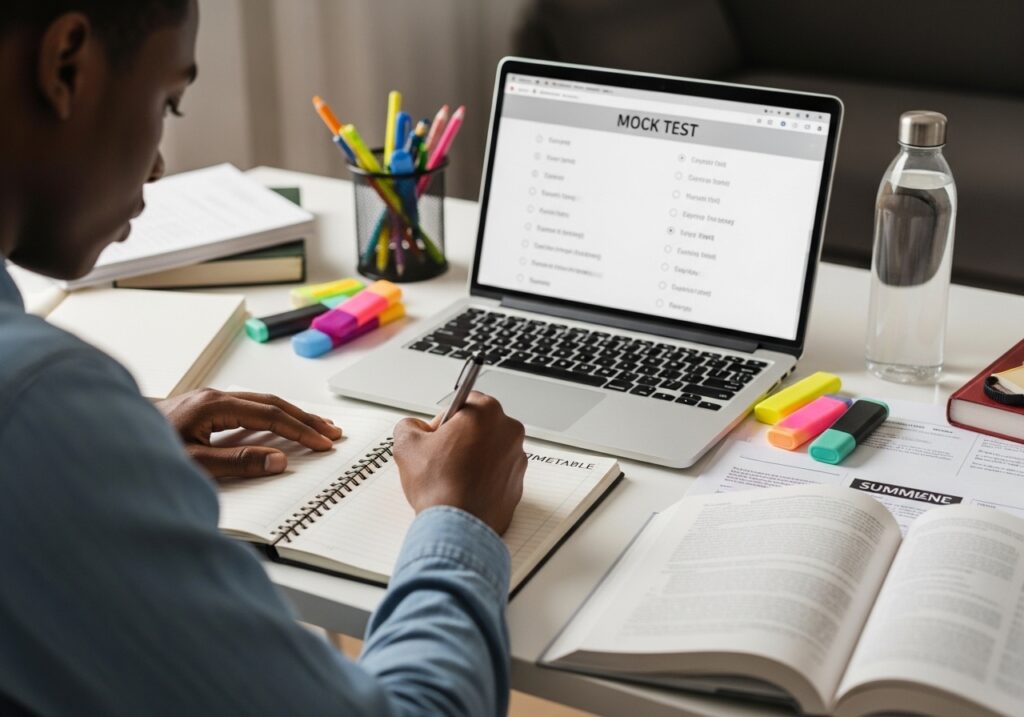 Student creating a study timetable in a notebook while laptop displays mock test questions, highlighters and printed summaries on desk, organized and practical online university exams preparation scene