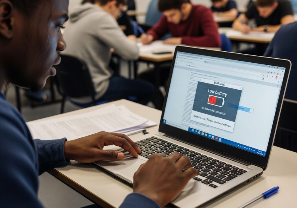 EduTech Business academic advisor guiding a Nigerian student on exam preparation strategy over a laptop call, checklist and study plan visible on screen, supportive and practical setting