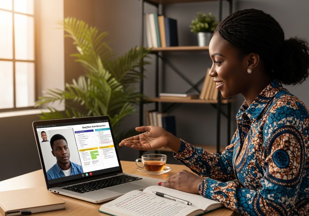 Student looking stressed at a frozen laptop screen during an exam, low battery warning or internet disconnection message visible, realistic mistake scenario