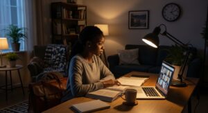 Nigerian working professional using a laptop at night for an online class after work, office bag placed beside the desk, realistic home environment showing balance between work and study online