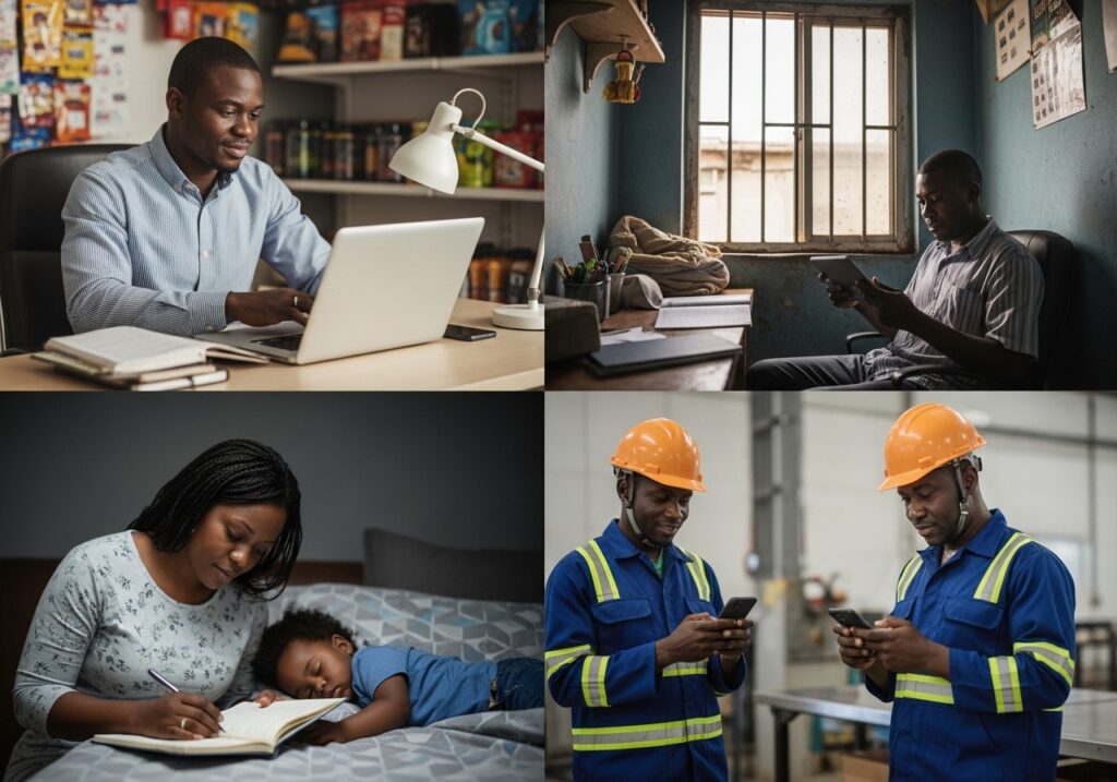 Different Nigerian individuals in realistic settings: office worker, small business owner, parent studying while child sleeps, shift worker reviewing lessons on phone, diverse and practical backgrounds depicts work and study online is possible